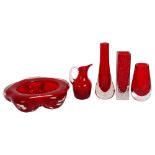 5 pieces of Whitefriars Ruby Red glass, including a Nailhead vase by Geoffrey Baxter, tallest 20.5cm