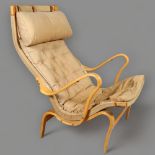 A Bruno Mathsson Pernilla 2 lounge chair in moulded beech with canvas cover, designed 1944, signed