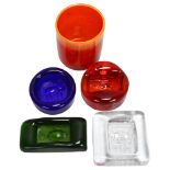 5 pieces of glassware by Erik Hoglund for Kosta Boda and Boda, a signed orange tumbler and 4 pin