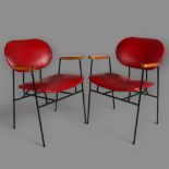 A pair of mid-century Italian armchairs with enamelled iron rod structure and teak armrests,