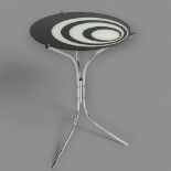 A 1960s' Op art side table, with aluminium frame and glass top, height 61cm, diameter 44cm Good