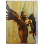 Charlie Pi, winged figure, oil on canvas, signed on stretcher, 100cm x 70cm, unframed Good condition
