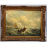 19th century English school, oil on canvas, boats on rough seas, unsigned, 31cm x 41cm, framed