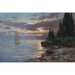 Late 19th/early 20th century oil on wood panel, sunset coastal view, indistinctly signed, 14cm x