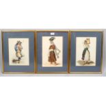 19th century European School, 3 costume studies, watercolour on paper, unsigned, 32cm x 21cm, framed