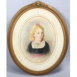 19th century oval portrait of a girl, watercolour, unsigned, inscription verso, 42cm x 32cm,