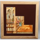 20th century North African School, painted tile panel, signed Al Kafi, framed, overall frame