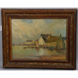 Early 20th century oil on canvas, coastal harbour scene, indistinctly signed, 30cm x 40cm, framed