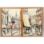 Pair of mid-20th century ink/watercolour, Parisian street scenes, indistinctly signed, 50cm x