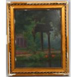 Anne Mourre, temple ruins, oil on board, signed, 23cm x 18cm, framed A few tiny paint chips and