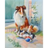 Mid-20th century nursery study of a Collie and kitten, watercolour, unsigned, 29cm x 24cm, framed