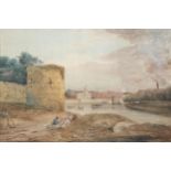 Richard Parkes Bonington (1802 - 1828), castle beside a river, watercolour, signed, 32cm x 47cm,