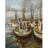 20th century oil on canvas, boats in harbour, indistinctly signed, 45cm x 35cm, framed Good