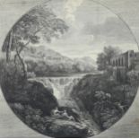 After Gaspar Poussin, the waterfall, engraving by Granville 1741, plate 36cm x 34cm, framed