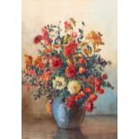 F K Abar, floral still life, watercolour, signed, 50cm x 35cm, framed Foxing
