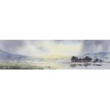 Brien Howard, pair of panoramic Scottish landscapes, watercolour, signed, 13cm x 51cm, framed Good