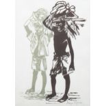 Moya Cozens, 2 African boys, colour woodcut print, signed in pencil, 36cm x 26cm, framed Good