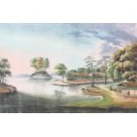 19th century watercolour, Colonial lake scene, unsigned, 13cm x 20cm, framed Good condition