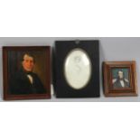 3 x 19th century miniature portraits, 2 in oils, the other in pencil, all unsigned (3) Largest