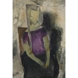 Marjorie Hawke, abstract seated figure, oil on canvas, signed with original artist's label verso,