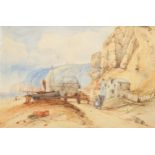 19th century English School, Hastings fishing beach scene, watercolour, unsigned, 24cm x 36cm,