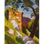 William Warden RBA, hillside hut Provence, signed with artist's labels verso, 22cm x 18cm, framed