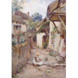 19th century English School, children and kitten outside thatched cottages, watercolour, unsigned,