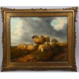 Attributed Thomas Sidney Cooper (1803 - 1902), flock of sheep on hilltop, oil on canvas,