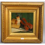 19th/20th century oil on board, cat and violin, indistinctly signed, 28cm x 29cm, framed and