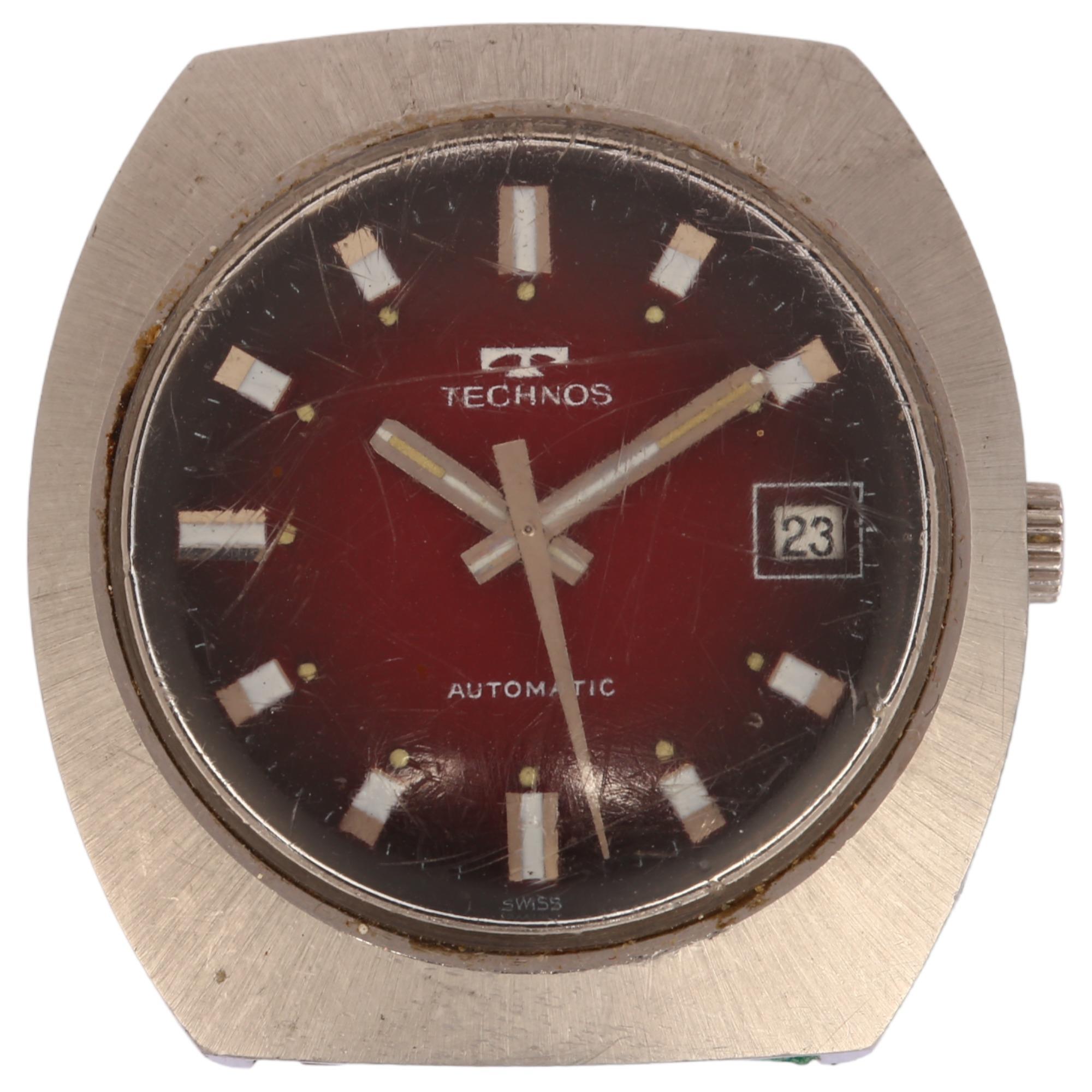 TECHNOS - a stainless steel automatic wristwatch head, ref. 10182, circa 1970s, red ombre dial