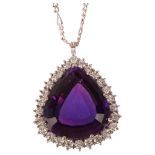 A large late 20th century 18ct white gold amethyst and diamond pear cluster pendant necklace, London