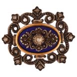 A blue enamel and diamond openwork brooch, unmarked gold and silver settings, with central floral