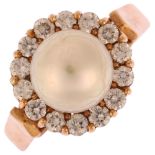 A 14ct gold whole cultured pearl and diamond circular cluster ring, maker FJC, total diamond content