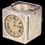 TIFFANY & CO - an Art Deco French silver combination desk clock compendium, circa 1920, cube form