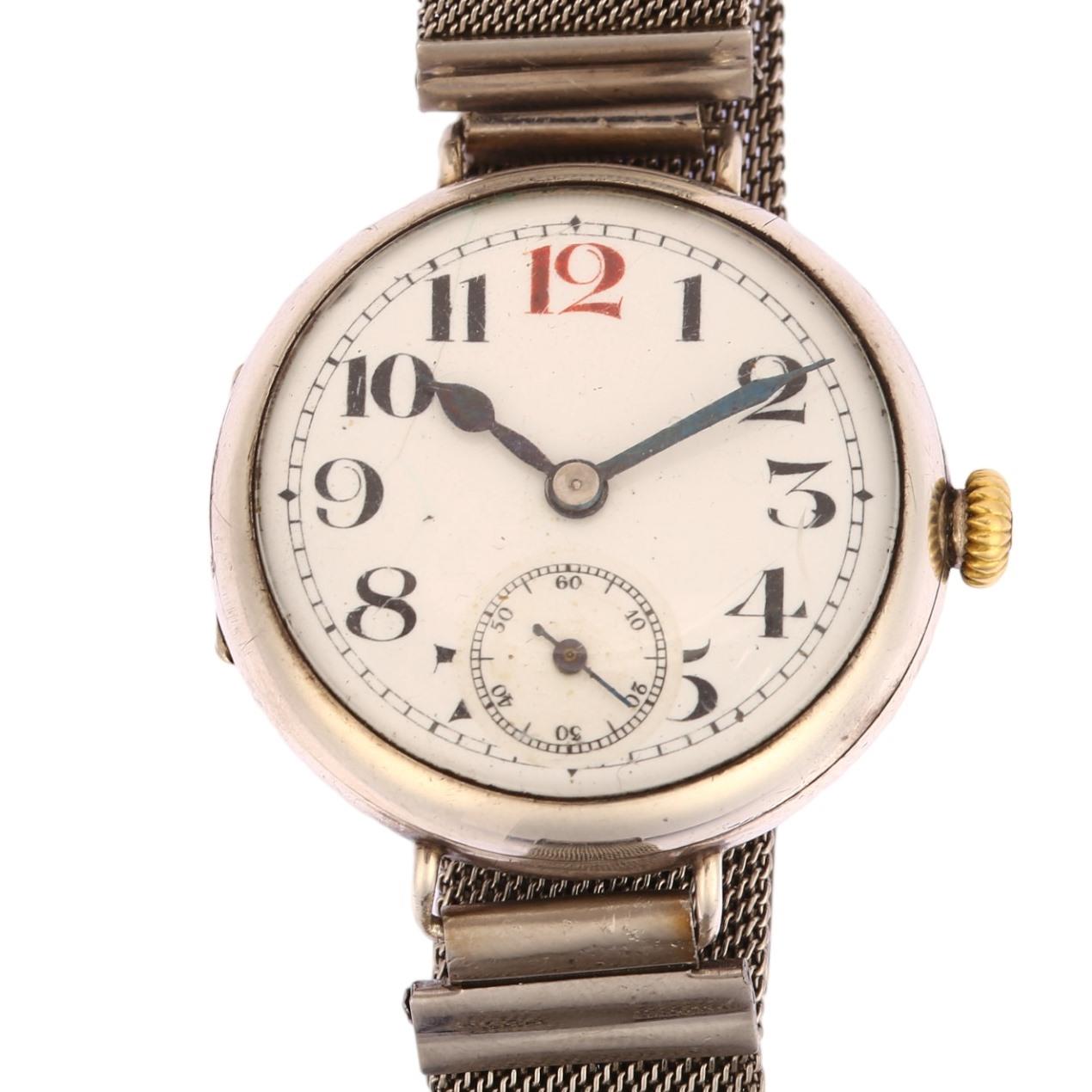 A First World War Period silver Officer's style trench mechanical wristwatch, circa 1914, white dial