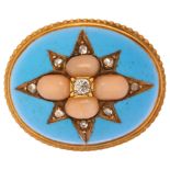 A Victorian coral diamond and blue enamel bombe brooch, unmarked yellow metal settings with bead
