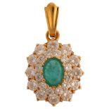 A modern 18ct gold emerald and diamond oval cluster drop pendant, maker's marks PAM, set with oval