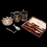 Various silver and white metal, including Eastern bowl, Christening mug, tea caddy spoon, etc, 10.
