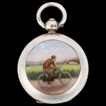 A Victorian silver and enamel 'Cyclist' sovereign case, maker's marks WHS?, Birmingham 1895,
