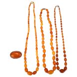 3 single-strand graduated butterscotch amber bead necklaces, bead lengths 18.2 - 5.7mm, longest