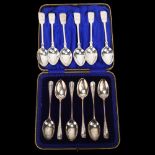 2 sets of 6 silver teaspoons, including Edwardian Fiddle pattern, London 1903, length 14cm, 7.9oz