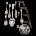 Various silver, including photo frame corner mounts, Edwardian serving spoon, Victorian teaspoons