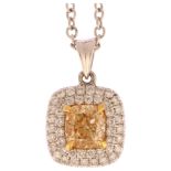 A fancy yellow diamond and diamond halo cluster pendant necklace, in 18ct white gold settings with