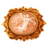 A Victorian shell cameo brooch, relief carved depicting Venus and Cupid, unmarked, engraved yellow