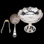 Various silver, comprising George V pedestal bonbon dish, shell sifter spoon and pair of sugar