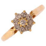 A late 20th century 18ct gold diamond flowerhead cluster ring, maker GJ, Birmingham 1988, set with