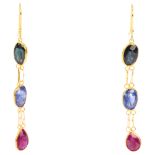 A pair of vari-hue sapphire and ruby drop earrings, unmarked 14ct gold settings with shepherd hook