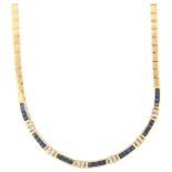 A 14ct gold sapphire and diamond collar necklace, square panels set with calibre-cut sapphires and