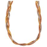 An Italian 9ct three-colour gold woven collar necklace, herringbone links, necklace length 40cm,