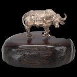 An African miniature silver model water buffalo, Patrick Mavros, 1996, on hardwood stand, base